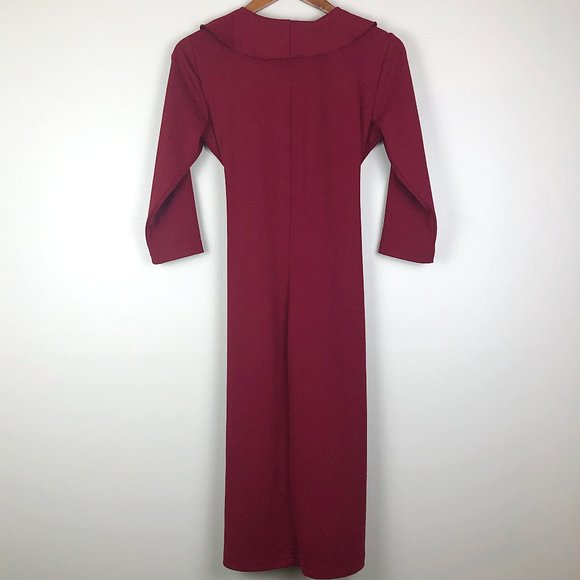 Wine Flounce Ruffle Wrap Quarter Sleeve Midi Dress - Picture 3 of 5